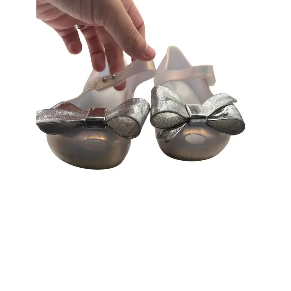 Mini Melissa Silver Bow Jelly Mary Jane Flats Girls Size 10